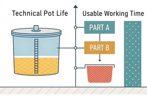A diagram showing the difference between technical pot life and usable working time